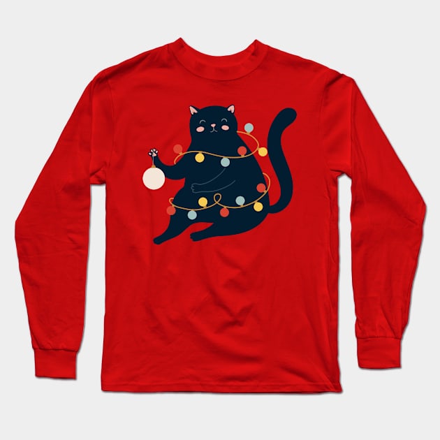 Black Christmas Lights Cat Long Sleeve T-Shirt by TomCage